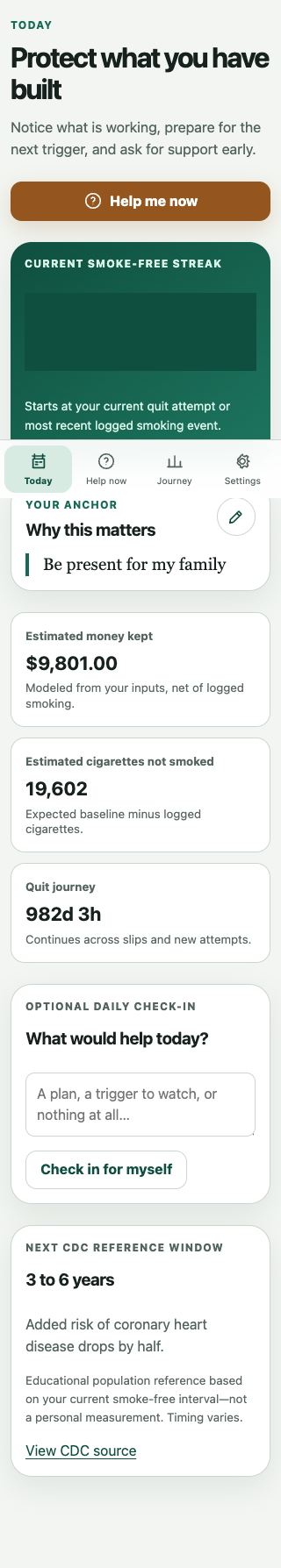 HonestQuit Today screen showing a current smoke-free streak, reason to quit, and clearly labeled estimates